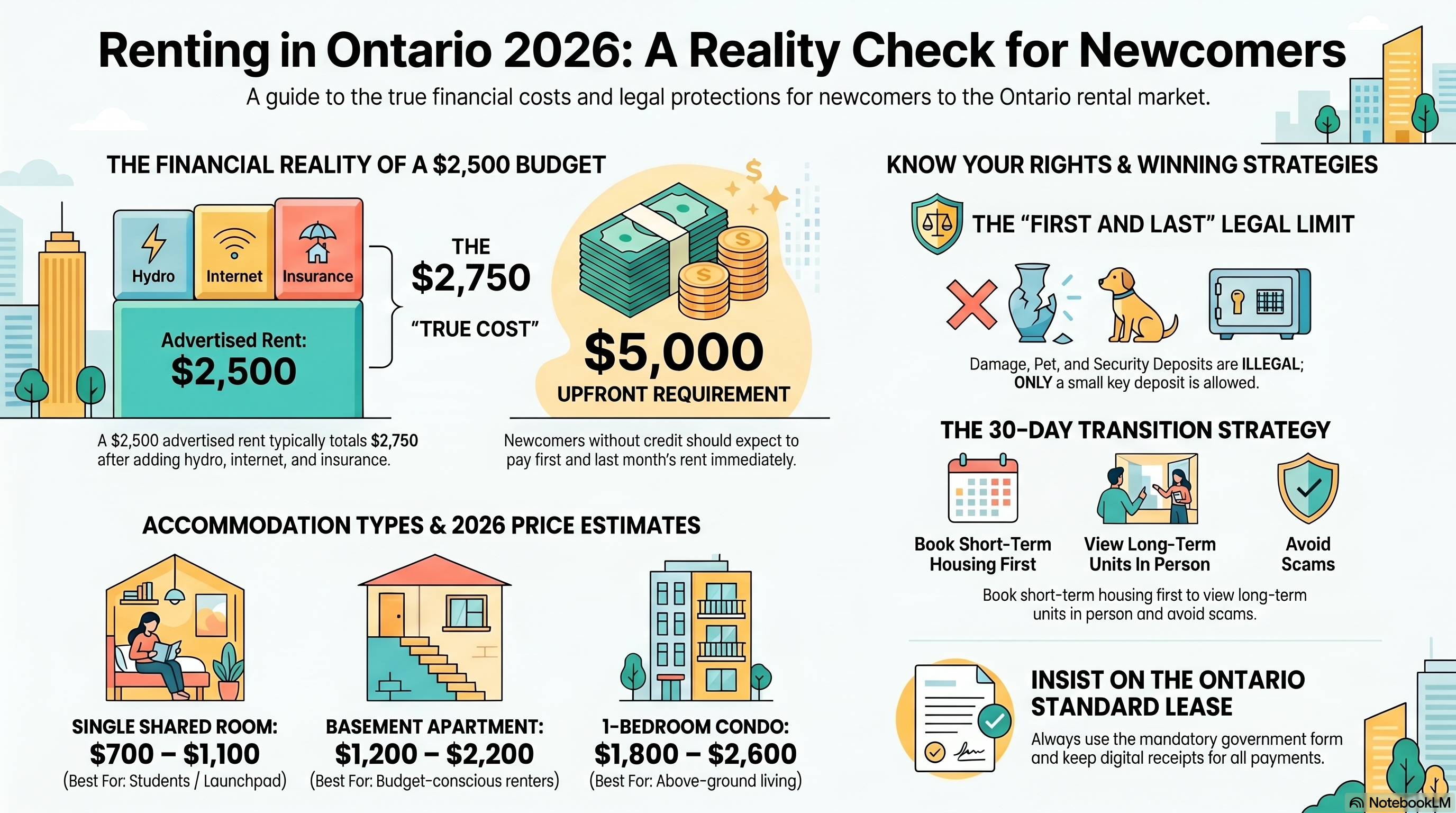 Renting in Ontario as a Newcomer — pixel art infographic showing real costs, deposit requirements, and city choices for a $2,500 budget in 2026